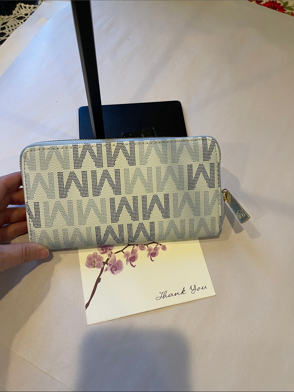 Zip-Around Wallet in Light Gray and Ivory with Repeating Logo